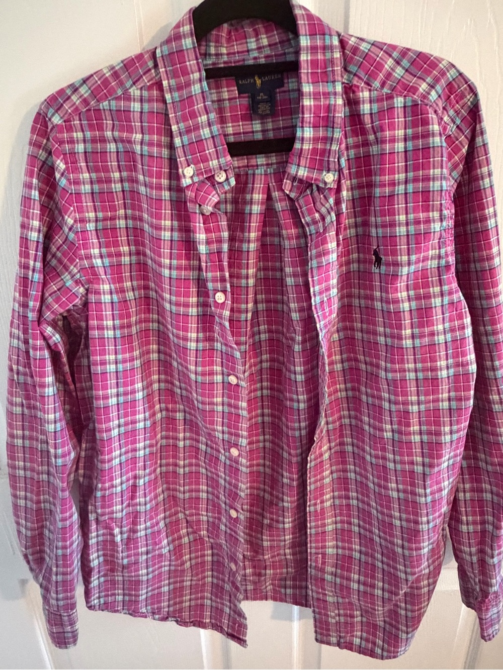Ralph Lauren Pink Plaid Button-Down Shirt for Kids with Teal Accents